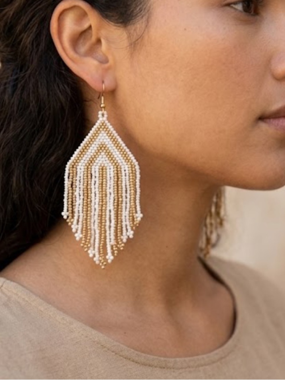 Plunder Gold and White Beaded Fringe Earrings